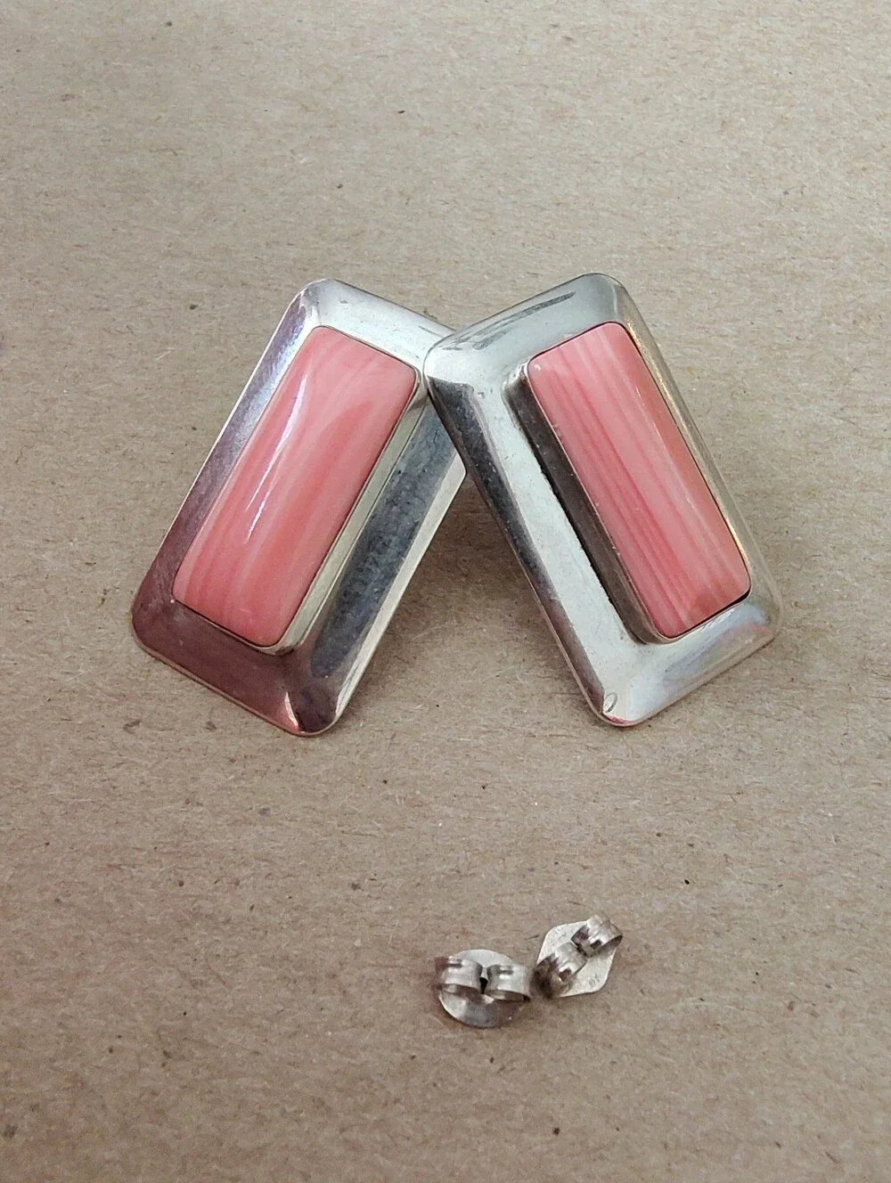 Pink Rectangular Stone Silver-Tone Stud Earrings - Women Jewelry